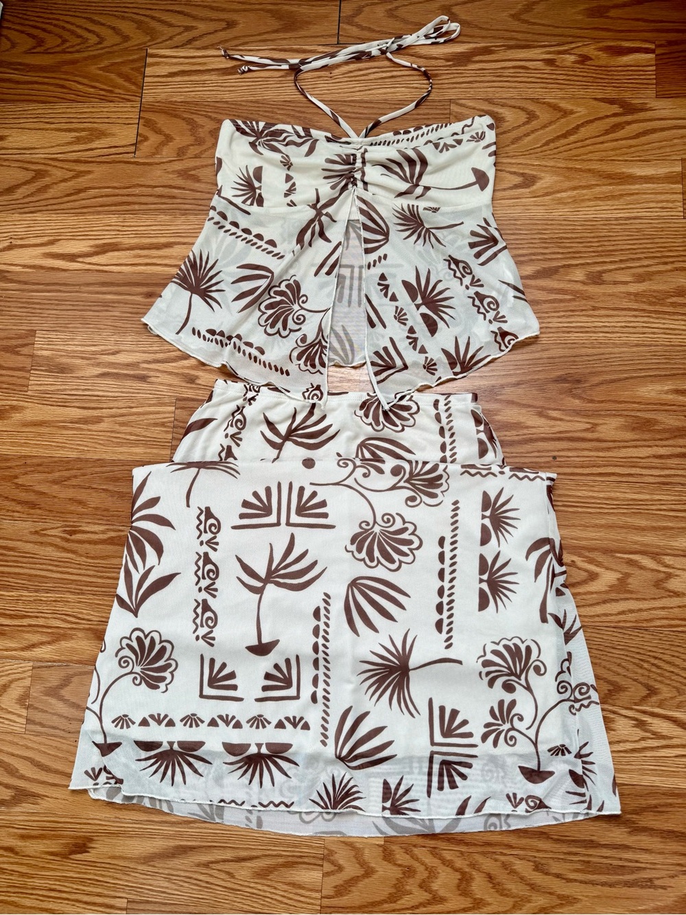 See You Monday Cream & Brown Printed Summer Women Skirt Set Size M